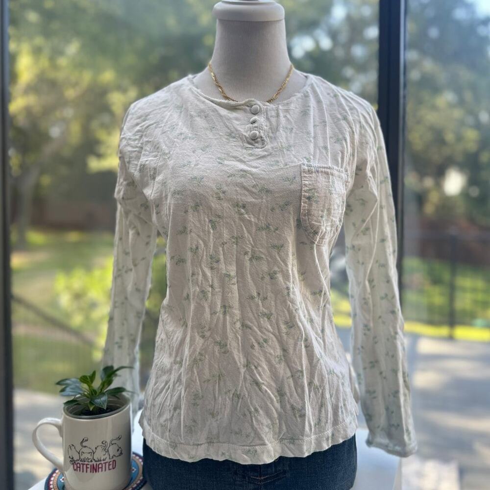 Maidenform Vintage Floral Henley Top Long Sleeve Cottagecore Chest Pocket White